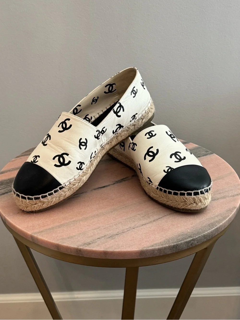 CHANEL Cream Espadrilles with Black Toe Caps and Logo Print